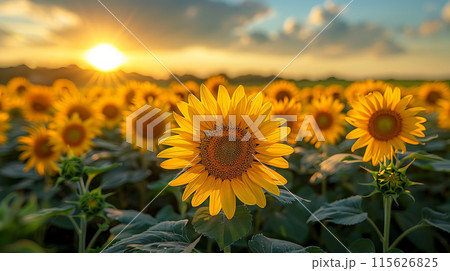 Field sunflowers full bloom bathed golden glow sunset, beauty nature warmth summer evening Field sunflowers full bloom bathed golden glow sunset, beauty nature warmth summer evening 115626825