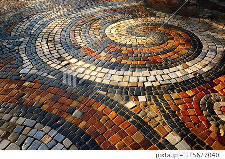 Sunlit circular brick pattern, creating an artistic pavement texture with shadows Sunlit circular brick pattern, creating an artistic pavement texture with shadows 115627040