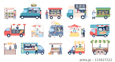 Food kiosk and trucks. Van cars and tents for farm market, city festival or street entertainment. Bakery ice cream and burgers, pizza, recent vector elements Food kiosk and trucks. Van cars and tents for farm market, city festival or street entertainment. Bakery ice cream and burgers, pizza, recent vector elements 115627222