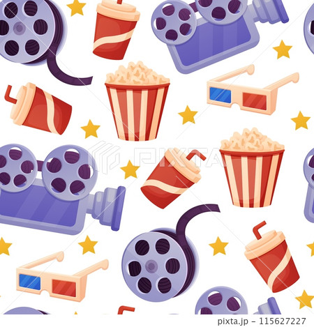 Cinema seamless pattern. Cartoon camera 3d glasses and popcorn, drink take away cup and cinematography ribbon. Movie nowaday vector print design Cinema seamless pattern. Cartoon camera 3d glasses and popcorn, drink take away cup and cinematography ribbon. Movie nowaday vector print design 115627227