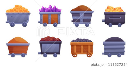 Cartoon mine carts. Different trolleys with coal, gold coins and golden nuggets, gemstones and minerals. Mining industry metal wooden trolleys, nowaday vector set 115627234