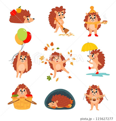 Cartoon hedgehogs. Forest hedgehog sleeping walking with umbrella sitting in basket with apples. Childish autumn mascots, classy vector set 115627277