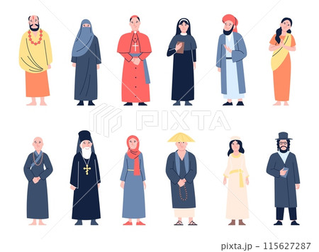 Monks and nuns. Religious people in traditional clothes, nun and priest flat characters. Catholic orthodox hinduism muslim recent vector men and women Monks and nuns. Religious people in traditional clothes, nun and priest flat characters. Catholic orthodox hinduism muslim recent vector men and women 115627287