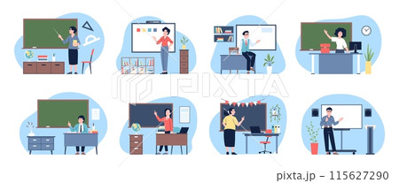 Teachers at blackboards. Male female teacher in classroom stand near chalkboards and modern board. College school education, recent vector scenes Teachers at blackboards. Male female teacher in classroom stand near chalkboards and modern board. College school education, recent vector scenes 115627290