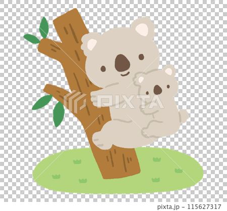 無尾熊父母和孩子抱著一棵鬆散的手繪樹 115627317