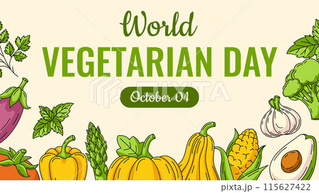 World Vegetarian Day background. Vector horizontal banner with vegetables line icons set, veggies border. For poster, social media, invitation, postcard, greeting card. Healthy, organic food concept 115627422
