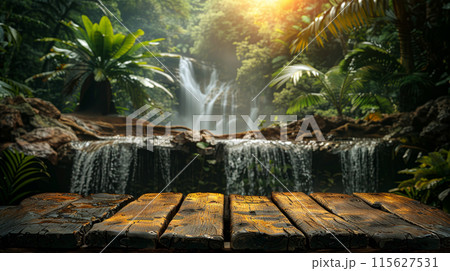 Wooden platform overlooking waterfall lush jungle, creating serene natural atmosphere, background 115627531