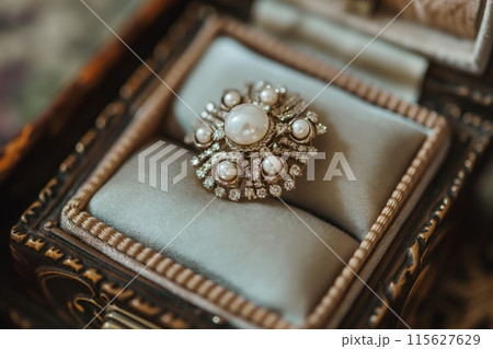 Close-up of an intricate pearl brooch with diamonds in a classic wooden jewelry box Close-up of an intricate pearl brooch with diamonds in a classic wooden jewelry box 115627629
