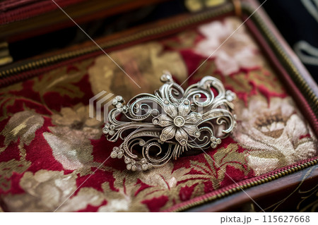 Intricate silver brooch rests on a luxurious floral-patterned fabric, exuding antique charm Intricate silver brooch rests on a luxurious floral-patterned fabric, exuding antique charm 115627668