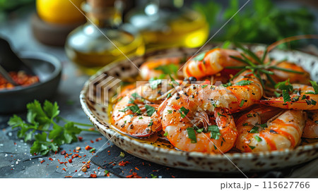 Plate of crispy shrimp cooked coconut oil, served lemon slices herbs, wooden table setting 115627766