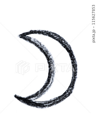 A hand-drawn Moon symbol in black pencil on a white background 115627853