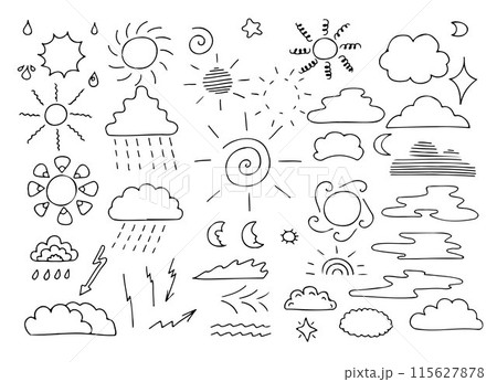 Set of cute pen line doodle element vector. Hand drawn doodle style collection of sun, clouds, drops Set of cute pen line doodle element vector. Hand drawn doodle style collection of sun, clouds, drops 115627878
