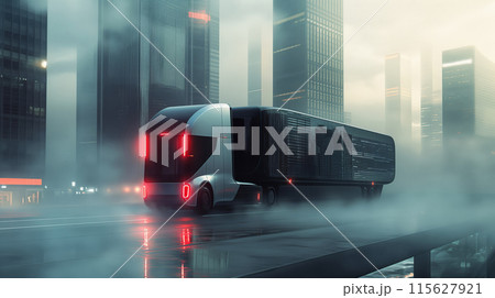 Concept art of a self-driving cargo truck in a dense foggy urban setting, illustrating future transportation 115627921