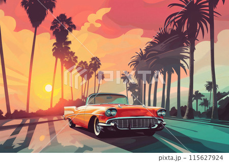 Illustration of a classic car driving down a scenic road with palm trees and a colorful sunset 115627924