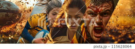 Collage. Motivated and ambitious man and woman, rugby players in motion during intensive game on stadium playing, competing for victory. 115628064