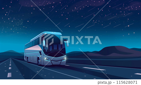 Illustration of a bus traveling under a starlit night sky on an open highway 115628071
