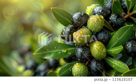 Close up black olives hanging branch dewdrops, glistening sunlight, highlighting their freshness Close up black olives hanging branch dewdrops, glistening sunlight, highlighting their freshness 115628107