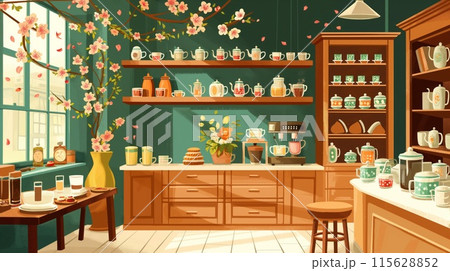 Charming illustration of a cozy tea house with shelves of teapots and cups, floral decor, and warm ambiance 115628852