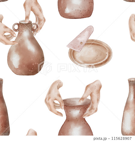 Women hands and clay dishes in pastel tone hand drawn seamless pattern. Two hands making a jug watercolor endless print. Design pattern with pottery vase and female fingers for textile, packaging 115628907