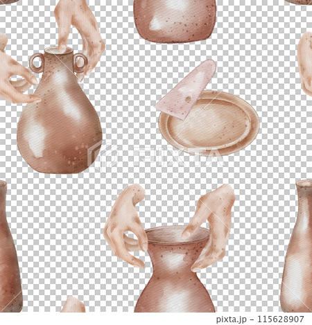 Women hands and clay dishes in pastel tone hand drawn seamless pattern. Two hands making a jug watercolor endless print. Design pattern with pottery vase and female fingers for textile, packaging 115628907
