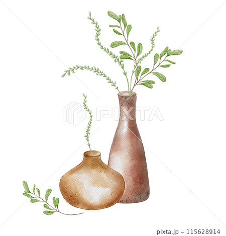 Two vase handcrafted with floral arrangement in watercolor isolated. Plants pastel color in high vase hand drawn. Handmade pottery with leaves and stems. For ceramics workshop, school, modeling 115628914