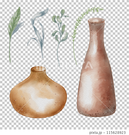 Set of pottery and plants. Tall and wide low vases in watercolor illustration isolated. Neutral tone leaves and ceramics vases various shapes hand drawn. For ceramics workshop, school, modeling clay 115628923