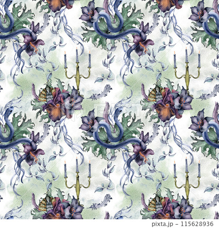 Gothic floral seamless pattern with snake isolated on white. Flower purple iris and black lily watercolor. Botanical art decoration for black wedding, mystical party. For invitation, Valentine card 115628936