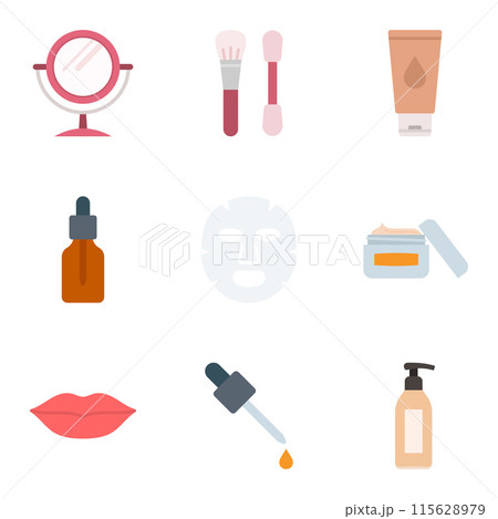 Make-up and cosmetic icon set. Skin care and makeup. Cosmetics and hygiene products. 115628979