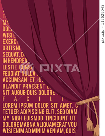 Burgundy curtains draperies with tassel vector invitation typographic poster, theatre stage textile drapery decoration 115629045