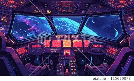 Cartoon Interior Cockpit of a Sci-Fi Spacecraft with a View of Space Beyond. Illustration in Game Style Space Exploration Futuristic Technology Spaceship Interior Control Panel 115629078