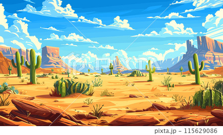 Cartoon Horizontal Desert Background Prairie with Cacti and Blue Sky with Puffy Clouds. Game Style Illustration Arid Landscape Sandy Terrain Wild West Scene Natural Habitat Clipart 115629086