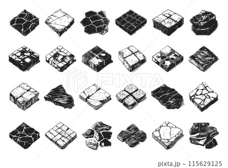 Engraving Style Different Types of Paving Tiles Icons . Hand Drawn in a Simple Style Black Icons on a White Background. Stone Pavement Walkway Cobblestone Brick Texture Street Road 115629125
