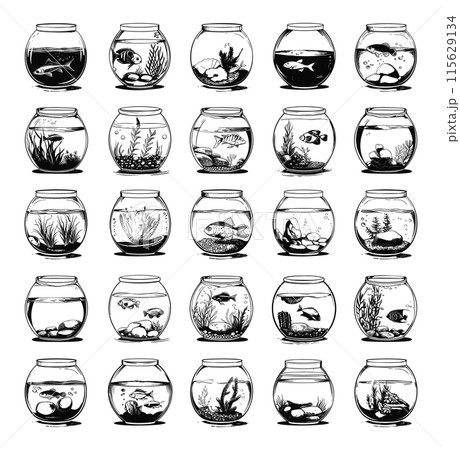 Engraving Style Different Aquariums Icons Set....のイラスト素材 [115629134 ...