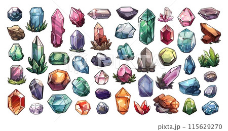 Cartoon Crystals and Gems Icon Set White Background Very Simple Cartoon Style Precious Stones Minerals Sparkling Gemstones Crystal Formation Illustration Cartoon Crystals and Gems Icon Set White Background Very Simple Cartoon Style Precious Stones Minerals Sparkling Gemstones Crystal Formation Illustration 115629270