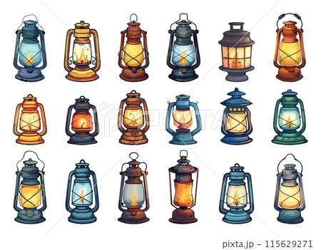 Cartoon Camp Lanterns Icon Set. White Background. Very Simple Cartoon Style Camping Outdoors Adventure Exploration Light Source Illumination Equipment Illustration Cartoon Camp Lanterns Icon Set. White Background. Very Simple Cartoon Style Camping Outdoors Adventure Exploration Light Source Illumination Equipment Illustration 115629271