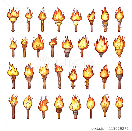 Cartoon Burning Torches Icon Set. White Background. Very Simple Cartoon Style Medieval Ancient Fire Flames Illumination Exploration Adventure Symbol Illustration 115629272