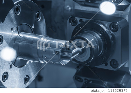 The CNC lathe machine milling the metal tube parts by milling spindle. The CNC lathe machine milling the metal tube parts by milling spindle. 115629573