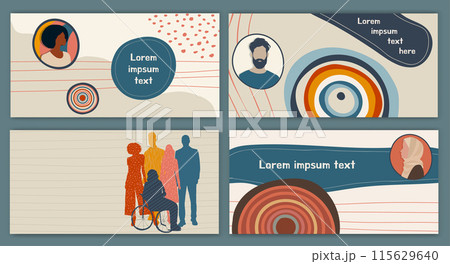 Diversity equality inclusion belonging. Group of multicultural men and women. Silhouette people of diverse cultures. DEIB concept. Editable brochure template flyer leaflet cover poster 115629640