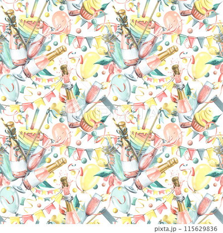 Bright, cheerful, festive, seamless pattern with champagne, cake, gifts, balloons and confetti, flags. Watercolor illustration from the HAPPY BIRTHDAY collection. On a white background. 115629836