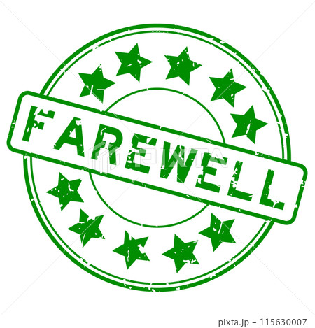 Grunge green farewell word with star icon round rubber seal stamp on white background Grunge green farewell word with star icon round rubber seal stamp on white background 115630007
