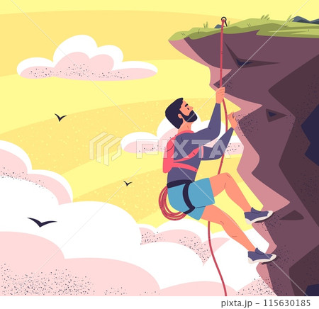 Climber sheer cliff. Mountaineering nature risk climbing dangerous extreme climb sport, hanging mountaineer pulling rope height rock wall, mountaineering classy vector illustration Climber sheer cliff. Mountaineering nature risk climbing dangerous extreme climb sport, hanging mountaineer pulling rope height rock wall, mountaineering classy vector illustration 115630185