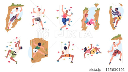 Wall climbers. Rock climbing team people characters, extreme sport mountaineering outdoor risk activities climber safety rope exercise on high cliff set classy vector illustration Wall climbers. Rock climbing team people characters, extreme sport mountaineering outdoor risk activities climber safety rope exercise on high cliff set classy vector illustration 115630191
