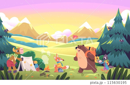 Animals forest hiking. Cartoon animal camper characters hike summer camping scene cute bear character nature adventure woodland forests 115630195