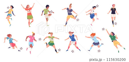 Female soccer players. Teen woman or teenagers girl football player, lady goalkeeper training exercise kick ball women footballer play sport Female soccer players. Teen woman or teenagers girl football player, lady goalkeeper training exercise kick ball women footballer play sport 115630200