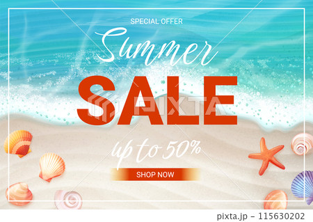 Realistic sea beach banner. Sand and turquoise ocean wave tropical paradise shore top view summer relax vacation travel horizontal Realistic sea beach banner. Sand and turquoise ocean wave tropical paradise shore top view summer relax vacation travel horizontal 115630202