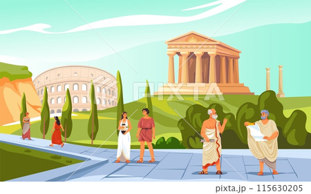 Roman citizen. Greek or ancient rome empire civilization people in toga costume clothes, patrician society historical characters at temple architecture, recent vector illustration 115630205