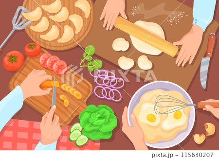 Hands cooking top view. Kitchen team cook together culinary workshop, chef hand knife chopping vegetable ingredients preparing healthy food on table banner neat vector illustration Hands cooking top view. Kitchen team cook together culinary workshop, chef hand knife chopping vegetable ingredients preparing healthy food on table banner neat vector illustration 115630207
