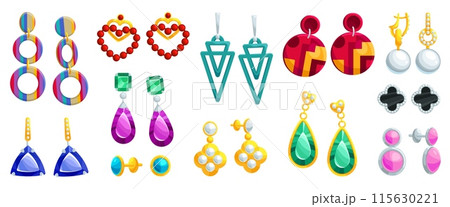 Cartoon gem earrings. Jewelry fashion earring with emerald pearl pendant, gold jewel accessories for women ear isolated shiny luxury accessory set 115630221