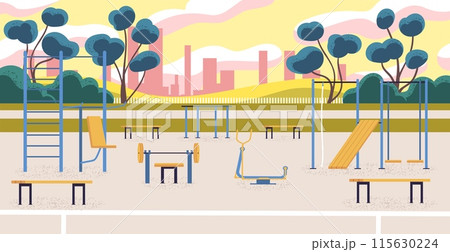 Workout park equipment. Outdoor street gym sporting exercise machines, outside empty sport playground in nature, city fitness bars training 115630224