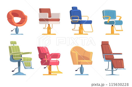 Barber chairs. Barbershop salon isolated chair or massage armchairs for hairdresser modern interior, hairdressing barbering shop studio cartoon icons classy vector illustration 115630228
